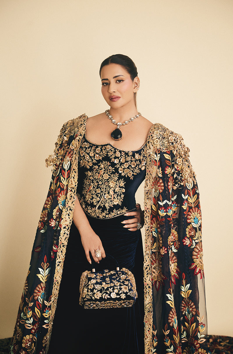 Sudha Reddy in our Deep Royal Blue Velvet The Tree of Life-a monumental couture