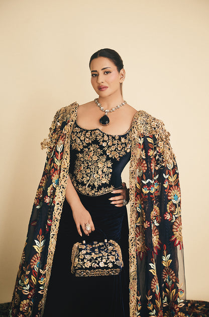 Sudha Reddy in our Deep Royal Blue Velvet The Tree of Life-a monumental couture