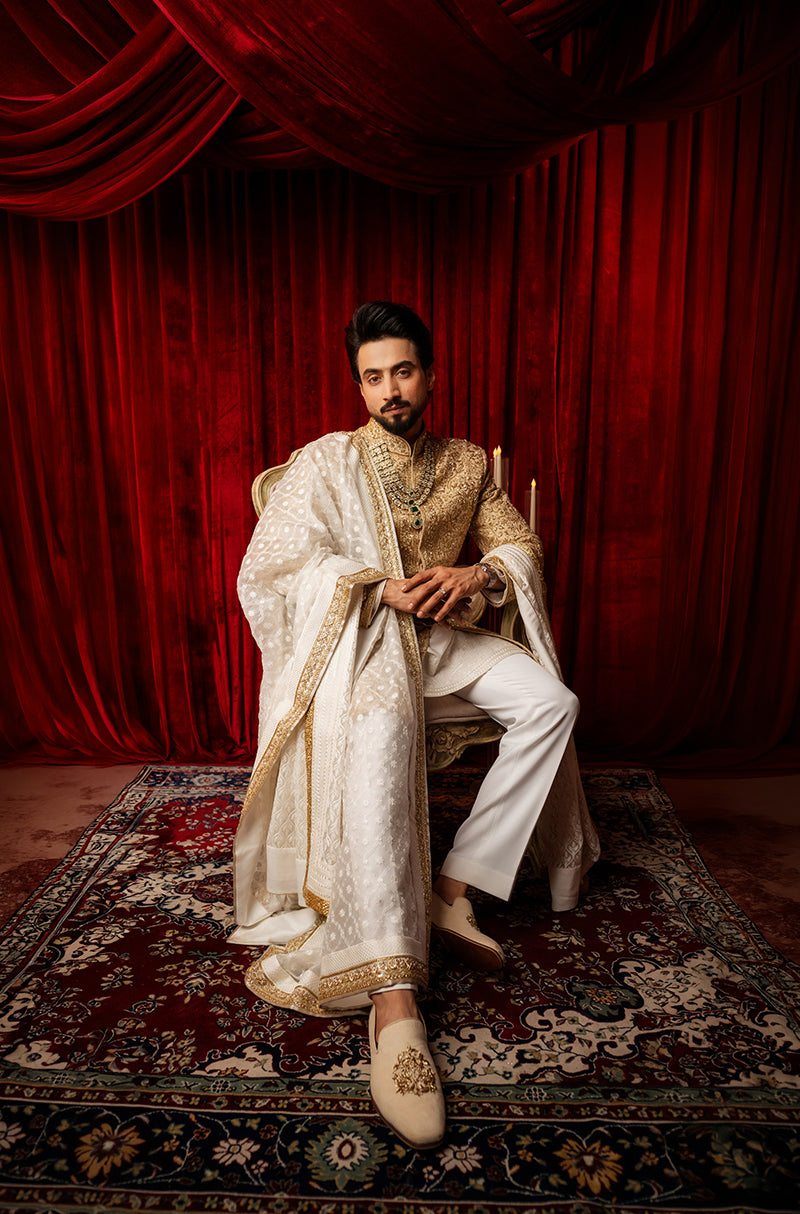 Groom: Faisal Shaikh in our Gold Embroidered Sherwani Set