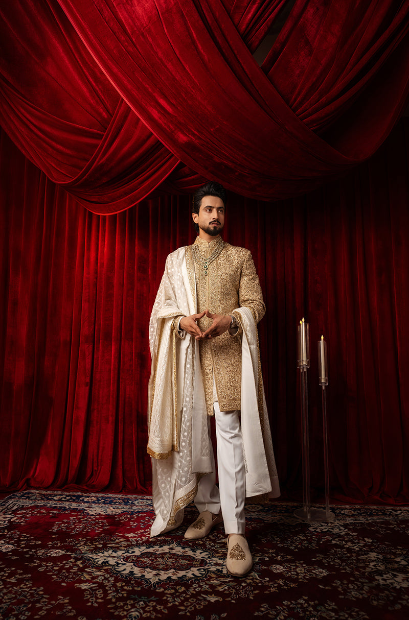 Groom: Faisal Shaikh in our Gold Embroidered Sherwani Set