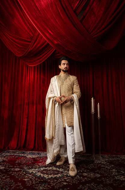 Groom: Faisal Shaikh in our Gold Embroidered Sherwani Set