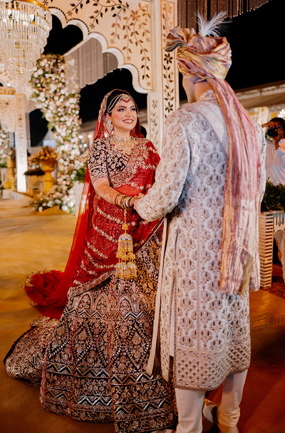 Bride: Sidra Faiz in our Red Embroidered Lehenga Set