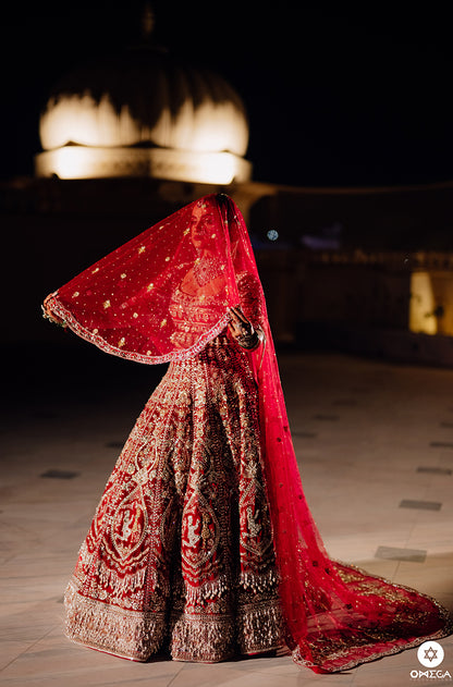 Bride: Nayasa Manchanda in our Bespoke Red Embroidered Lehenga Set