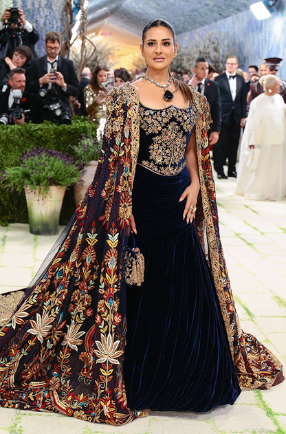 Sudha Reddy in our Deep Royal Blue Velvet The Tree of Life-a monumental couture