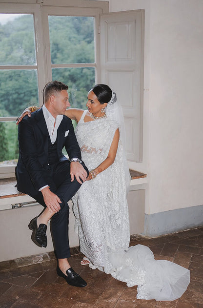Bride: Aparna LaLonde in our White Embroidered Saree Set