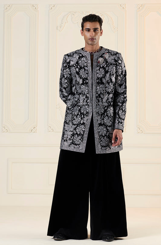 Black on Silver Floral Embroidered Sherwani Set