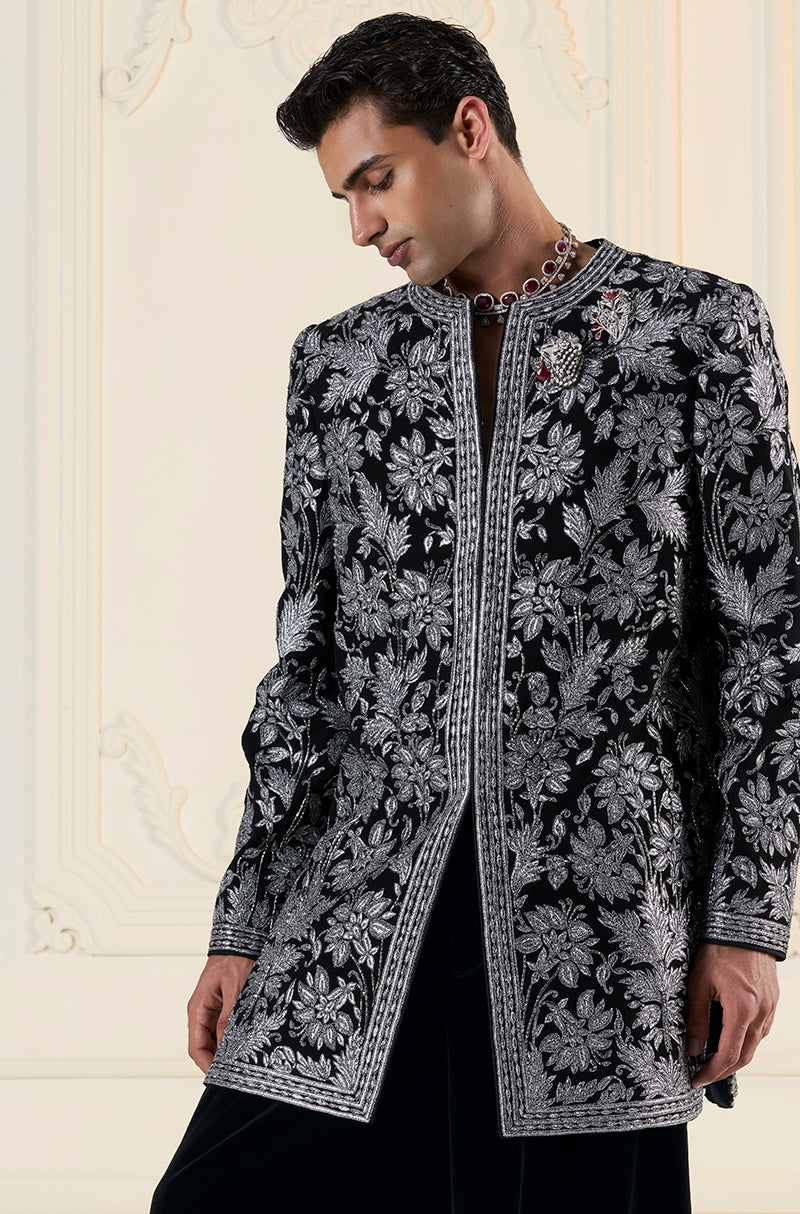 Black on Silver Floral Embroidered Sherwani Set