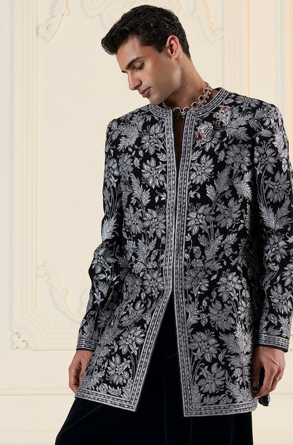 Black on Silver Floral Embroidered Sherwani Set