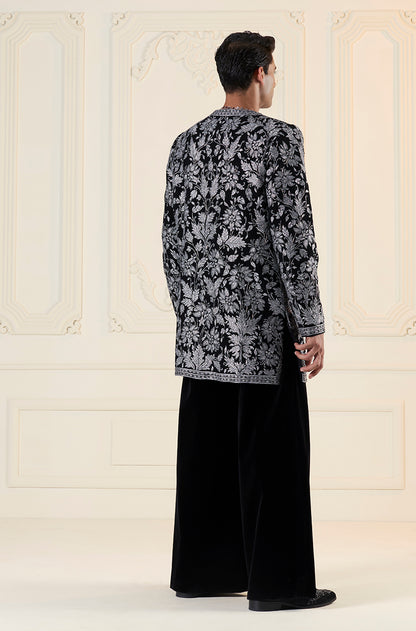 Black on Silver Floral Embroidered Sherwani Set