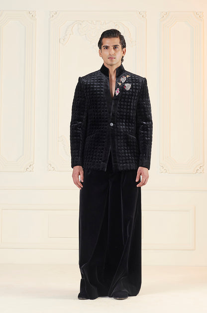 Black Velvet Bubble Textured Bandhgala Set