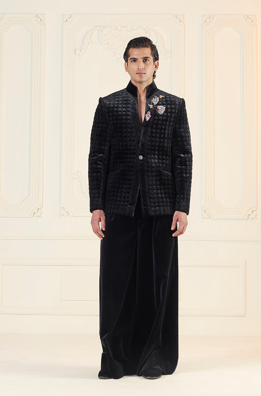 Black Velvet Bubble Textured Bandhgala Set