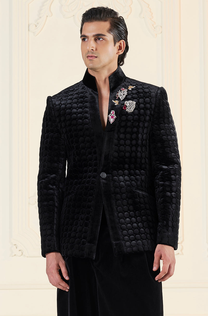 Black Velvet Bubble Textured Bandhgala Set
