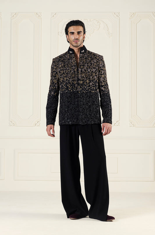 Black Two Shaded Floral Embroidered Bandhgala Set