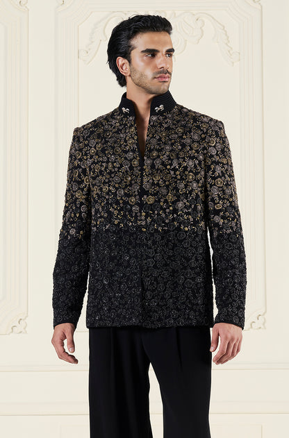 Black Two Shaded Floral Embroidered Bandhgala Set