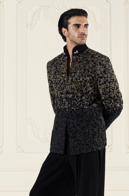 Black Two Shaded Floral Embroidered Bandhgala Set