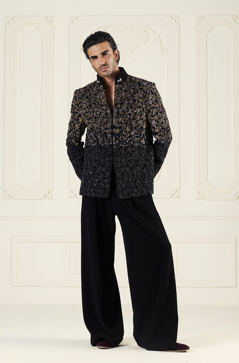 Black Two Shaded Floral Embroidered Bandhgala Set