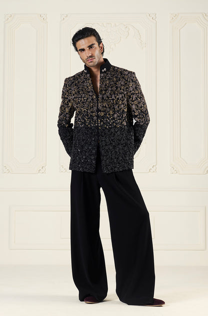 Black Two Shaded Floral Embroidered Bandhgala Set