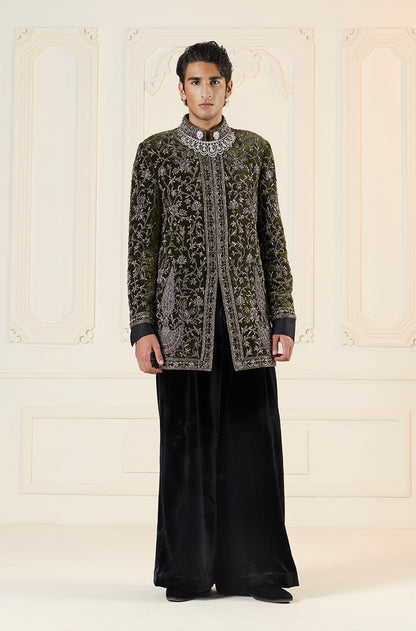 Green Velvet Floral Vine Embroidered Short Sherwani Set