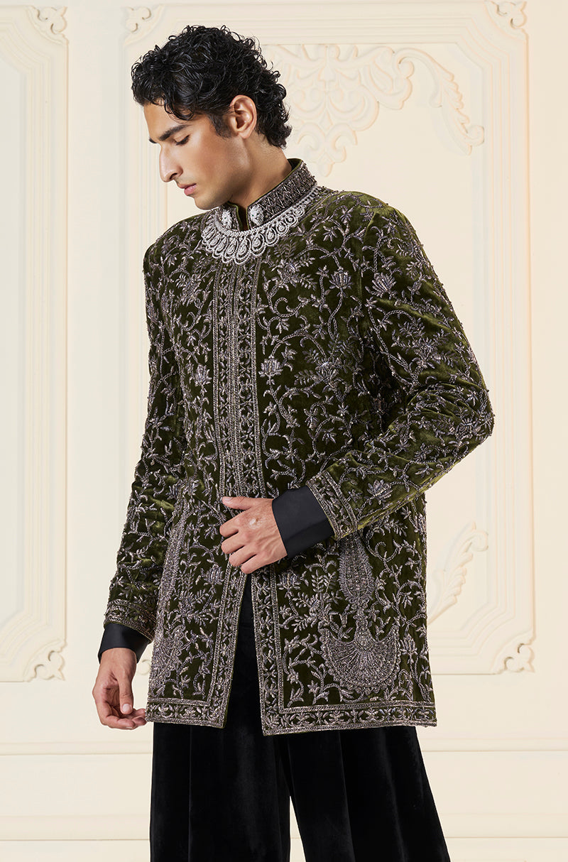 Green Velvet Floral Vine Embroidered Short Sherwani Set