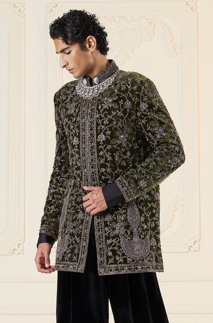 Green Velvet Floral Vine Embroidered Short Sherwani Set