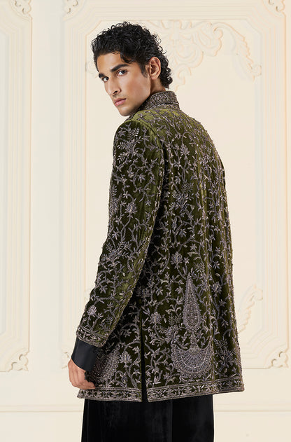 Green Velvet Floral Vine Embroidered Short Sherwani Set