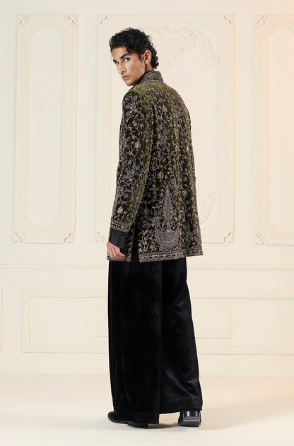 Green Velvet Floral Vine Embroidered Short Sherwani Set