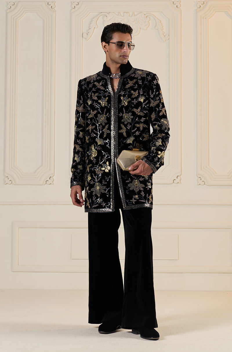 Black 3D Floral Embroidered Bandhgala Set