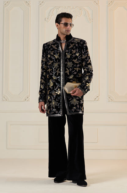 Black 3D Floral Embroidered Bandhgala Set