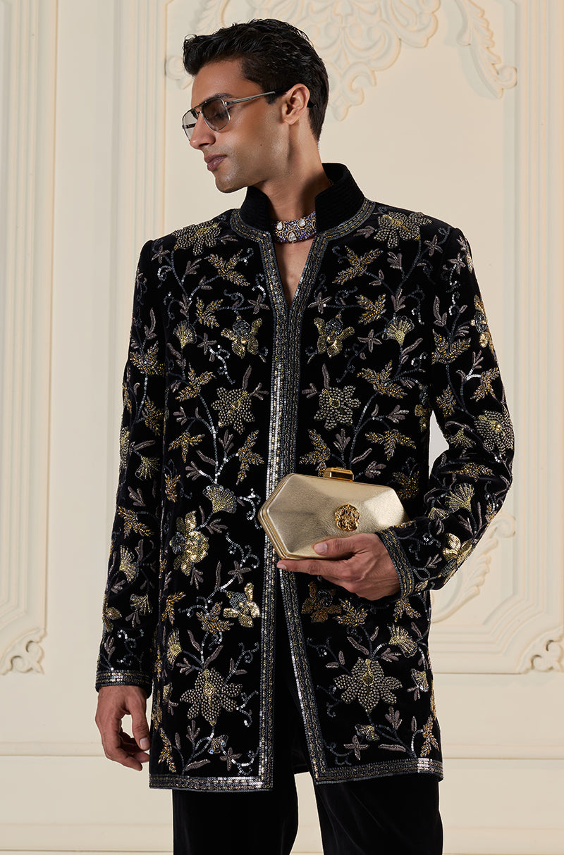 Black 3D Floral Embroidered Bandhgala Set