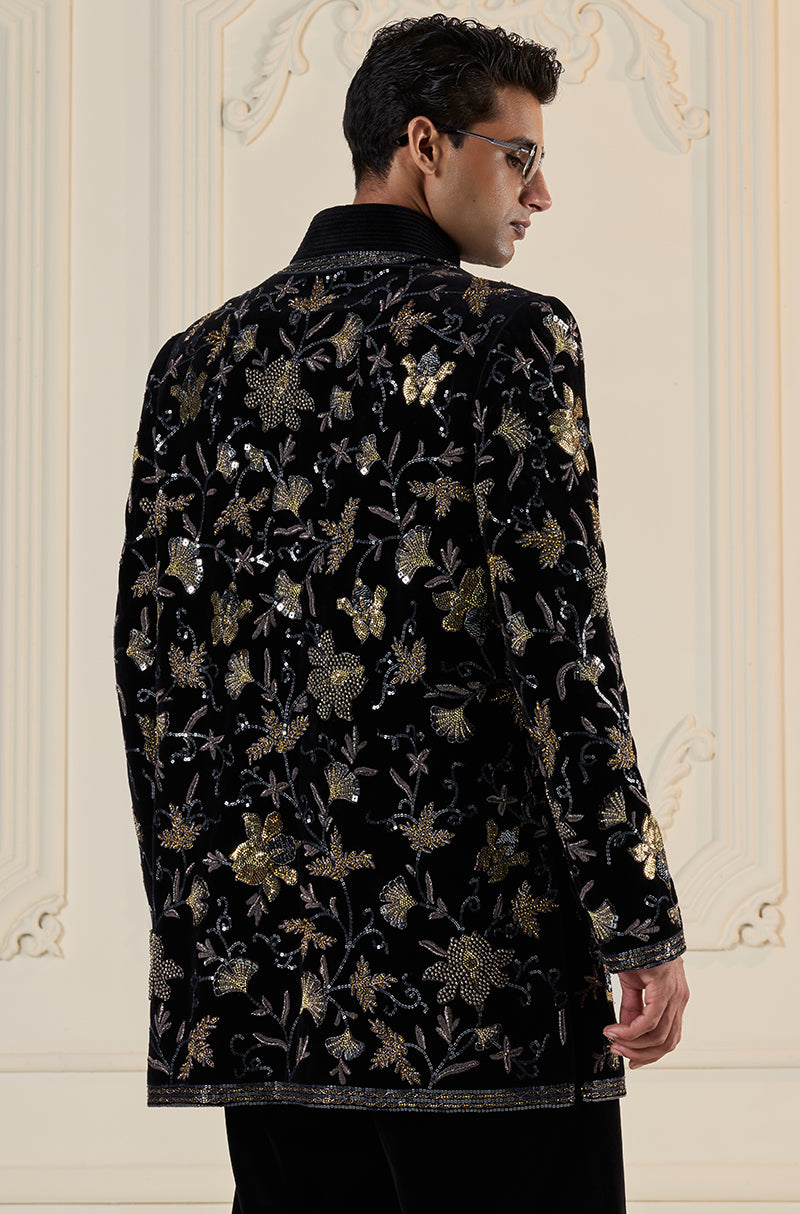 Black 3D Floral Embroidered Bandhgala Set