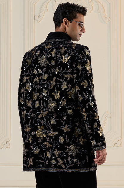 Black 3D Floral Embroidered Bandhgala Set