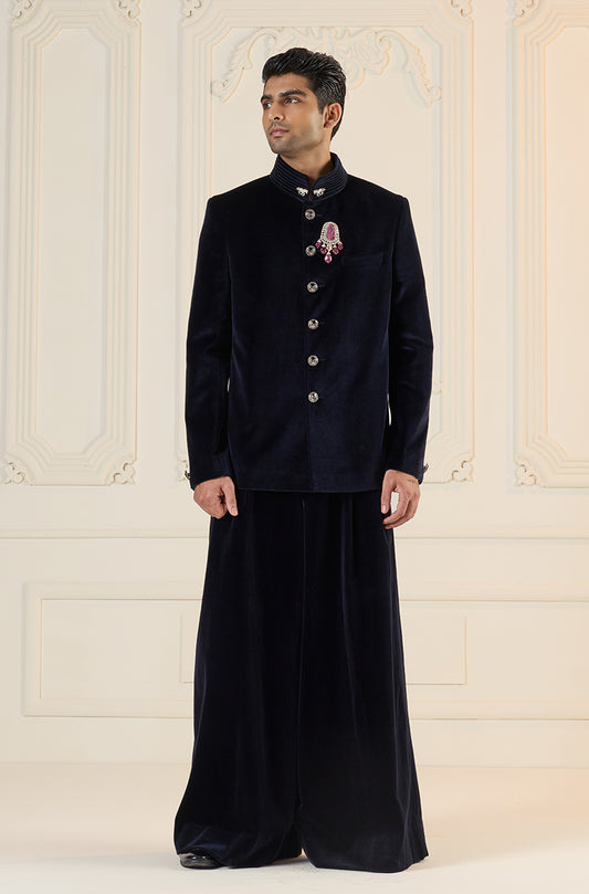 Navy Blue Velvet Short Bandhgala
