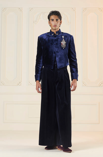 Navy Blue Velvet Short Bandhgala