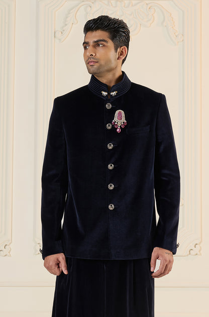 Royal Blue Velvet Bandhgala Set