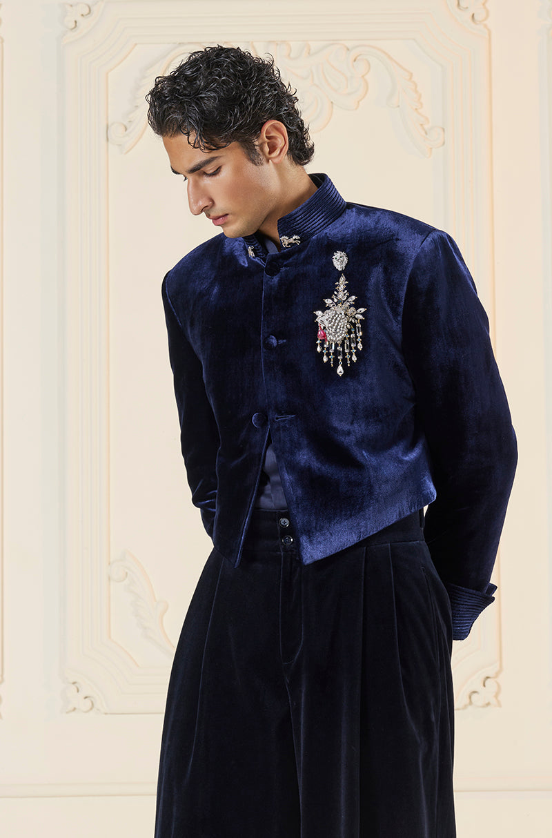 Navy Blue Velvet Short Bandhgala