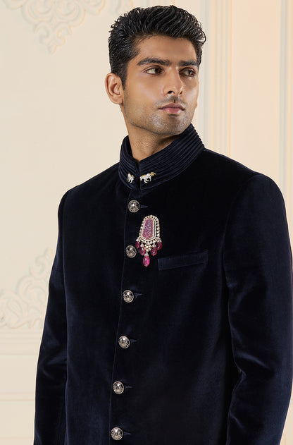 Royal Blue Velvet Bandhgala Set