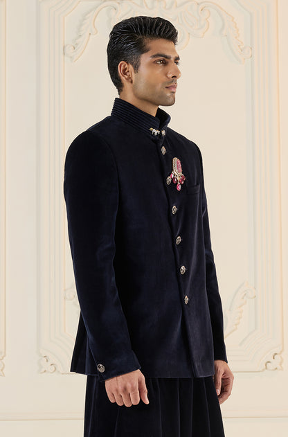 Royal Blue Velvet Bandhgala Set