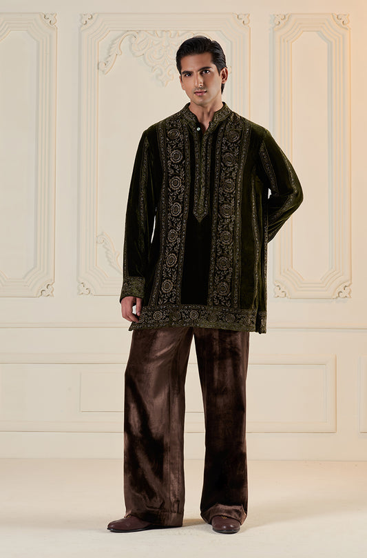 Olive Green Velvet Kurta Set