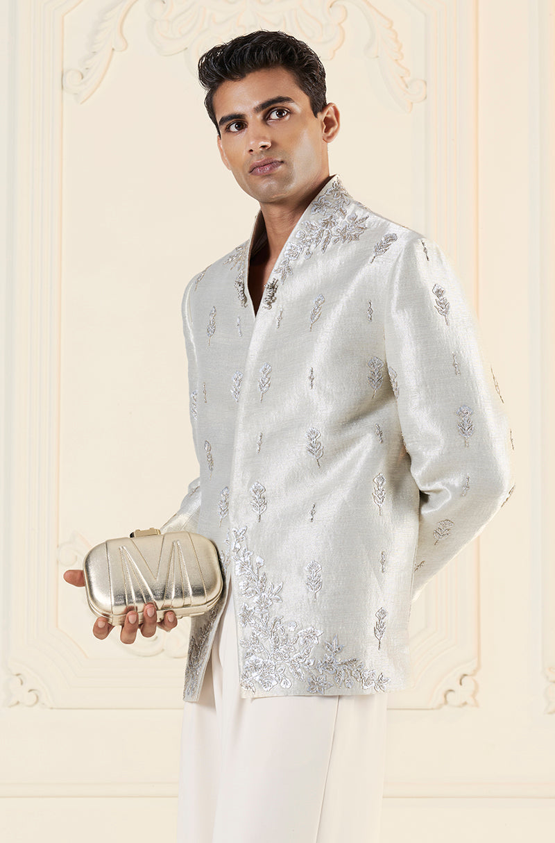 Silver Tissue Motif Bandhgala Set
