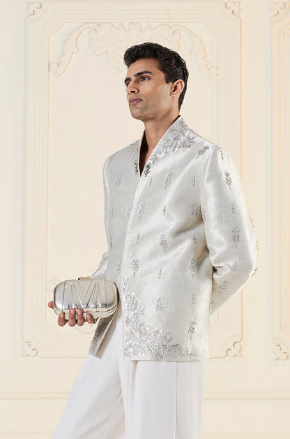 Silver Tissue Motif Bandhgala Set
