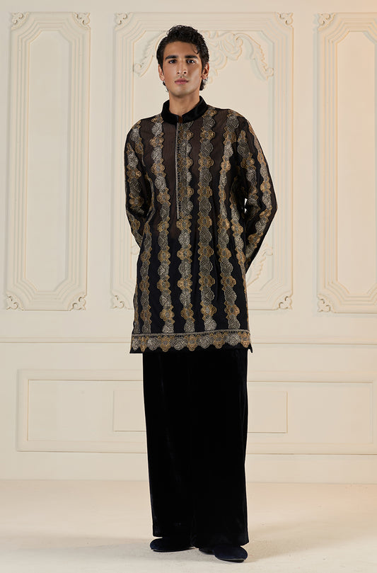 Black Sheer With Gold Embroidered Lace Stripes Kurta