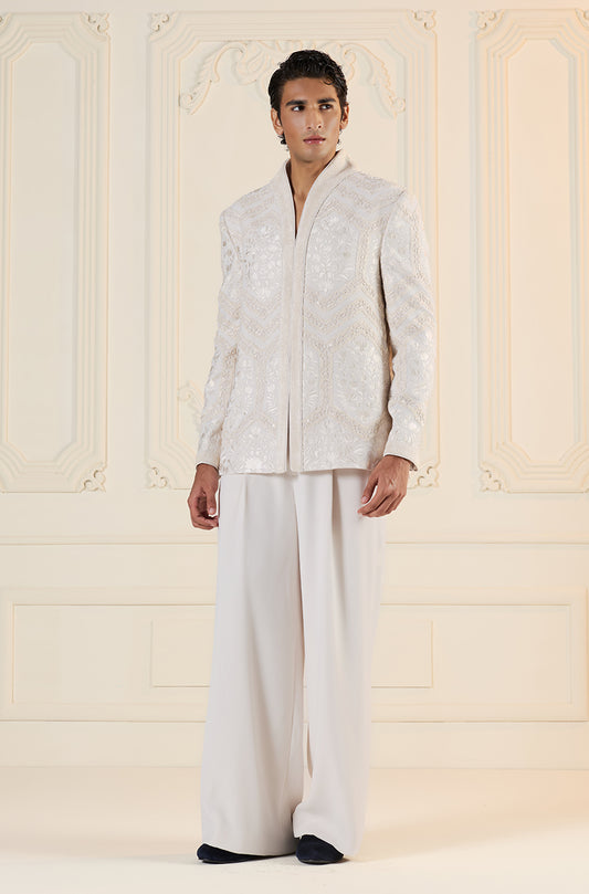 Ivory Geometric Textured Bandhgala Set