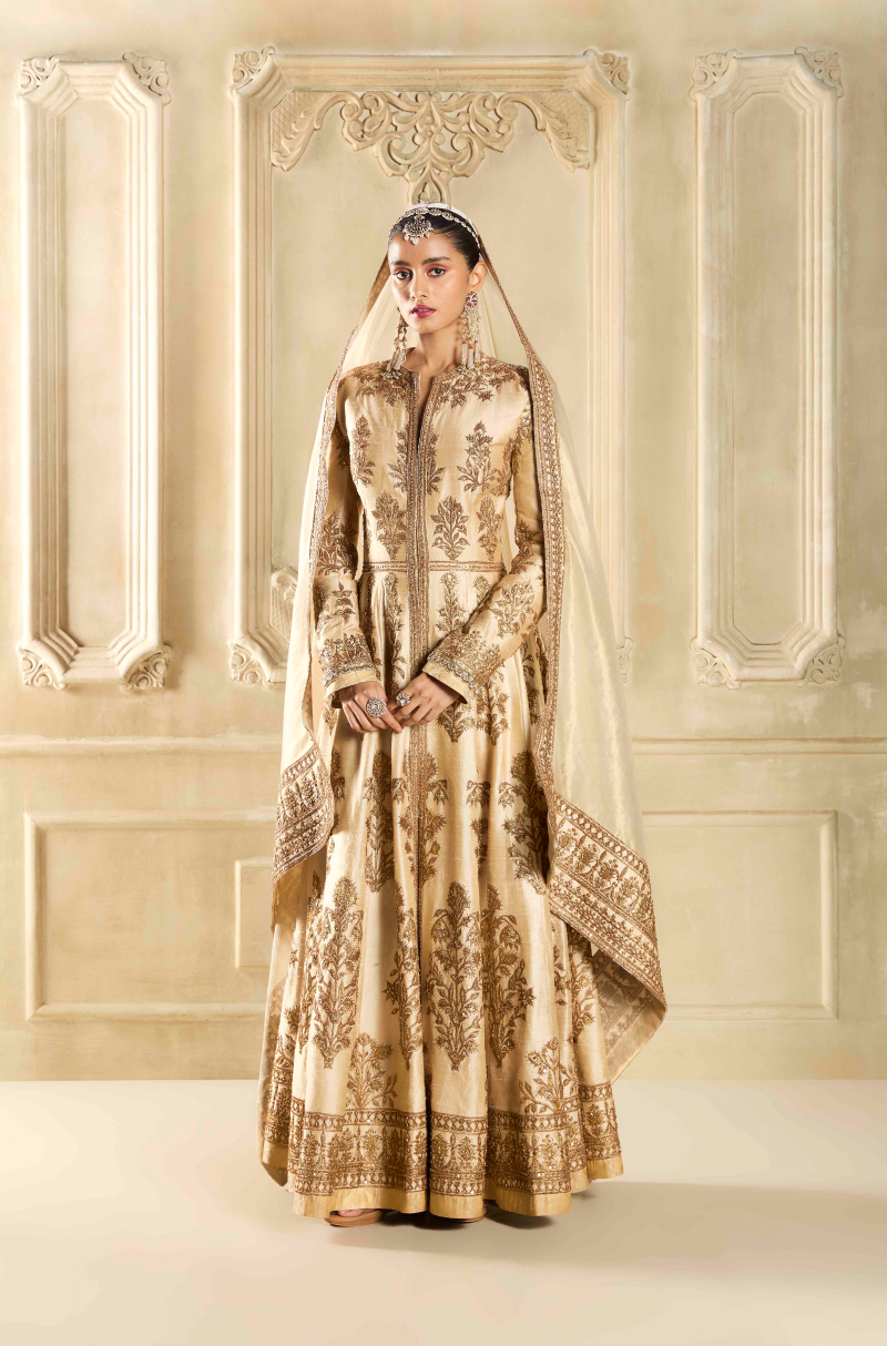 Beige Raw Silk Embroidered Kalidar Kurta Set