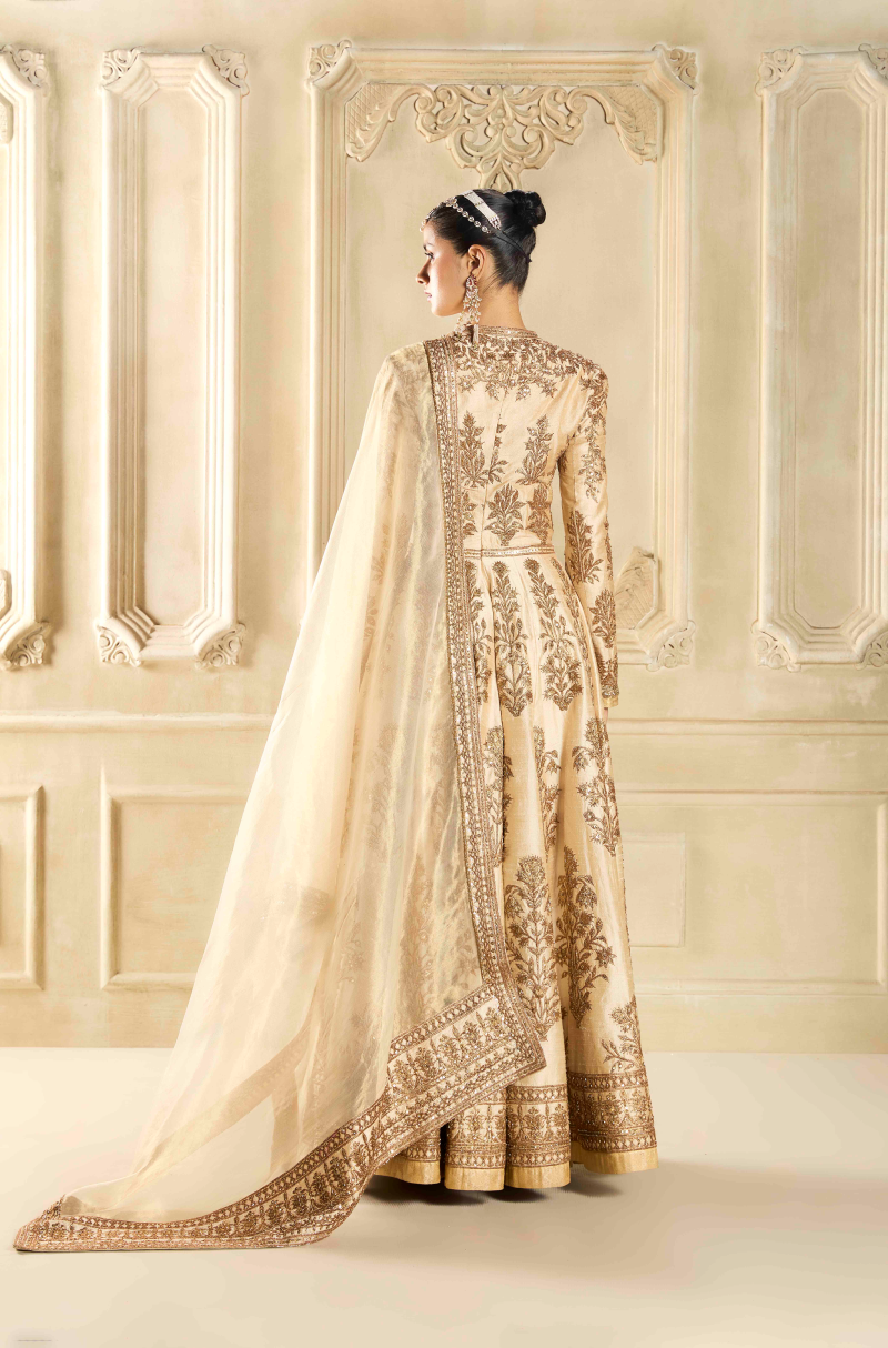 Beige Raw Silk Embroidered Kalidar Kurta Set