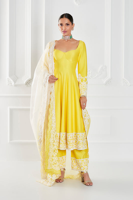 Lemon Yellow Dupion Crepe Kurta Set
