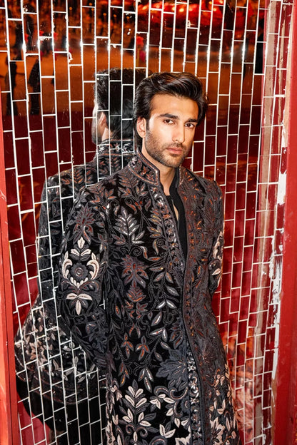 Meezaan Jafri in our Black Embroidered Sherwani Set