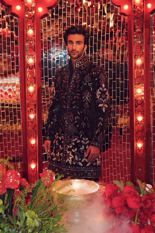 Meezaan Jafri in our Black Embroidered Sherwani Set