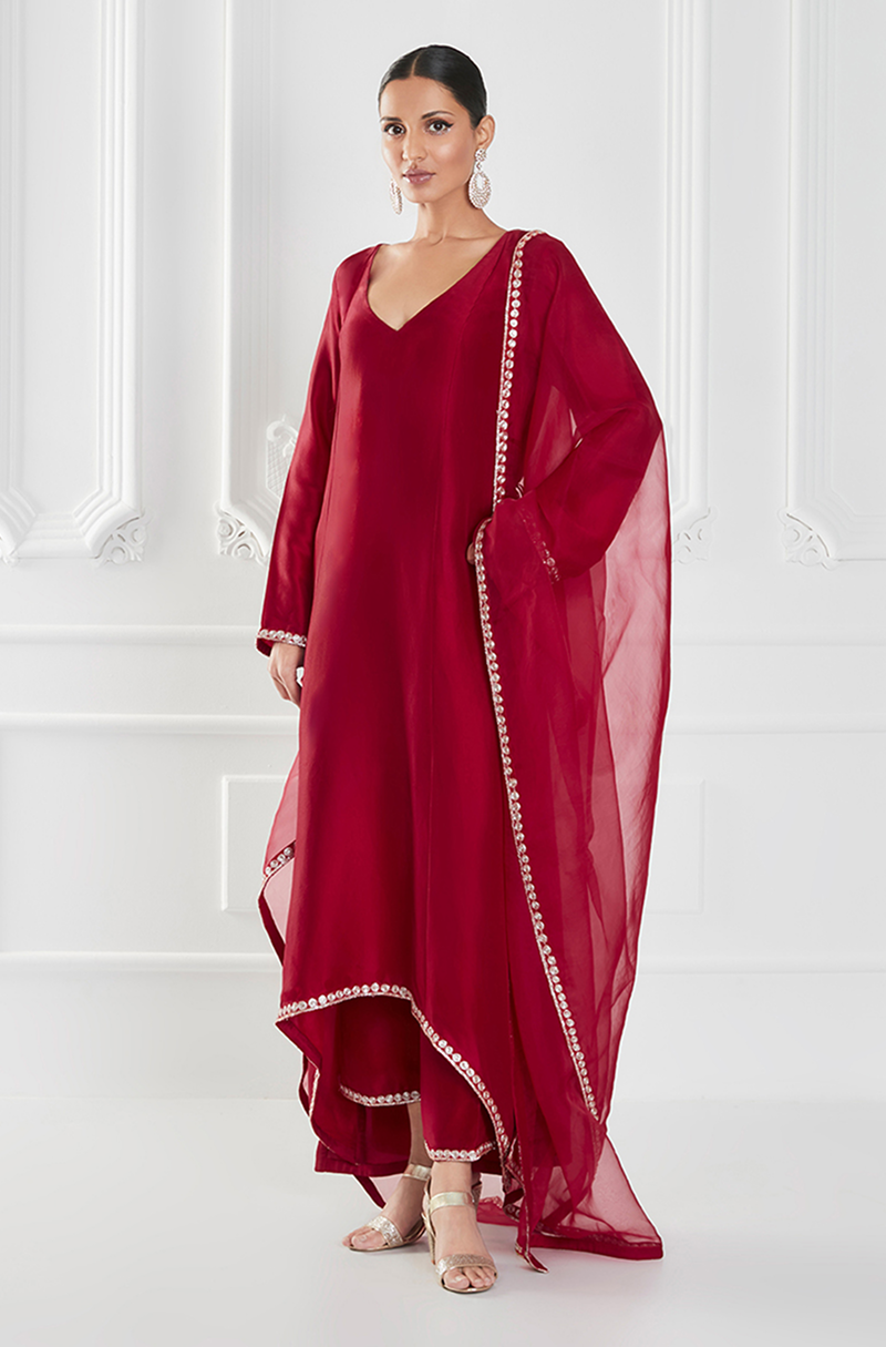 Crimson Dupion Crepe Kurta Set