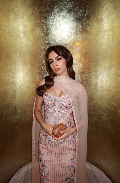 Khushi Kapoor in our Nude Tulle embroidered Floral Dress