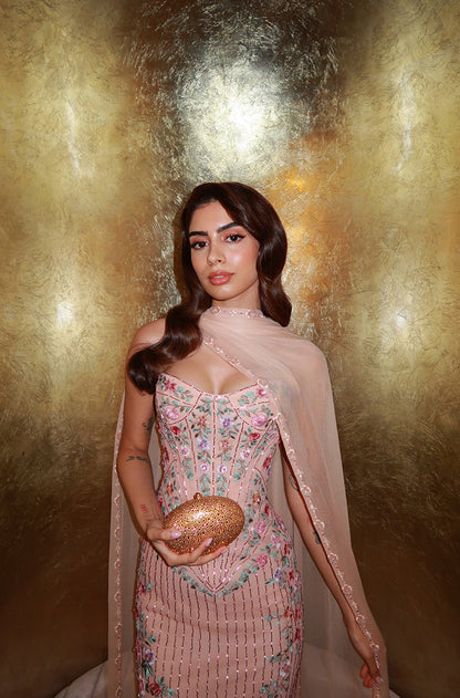 Khushi Kapoor in our Nude Tulle embroidered Floral Dress